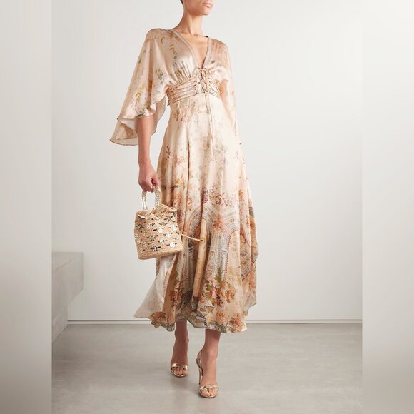 CAMILLA Lace-up crystal-embellished printed silk-satin midi dress - Picture 1 of 12
